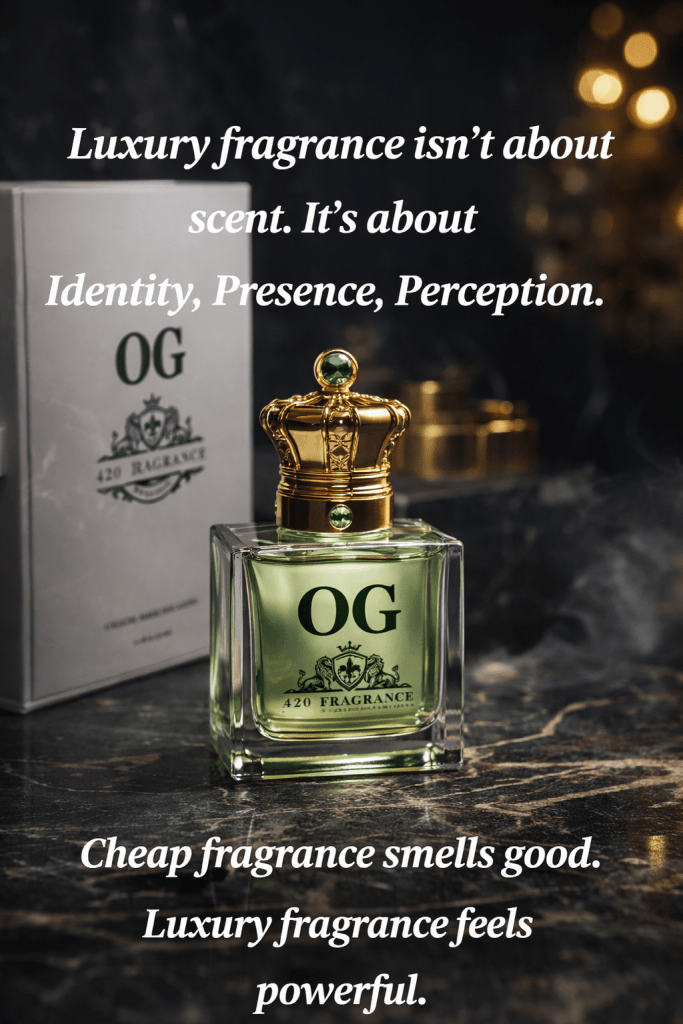 A luxury fragrance bottle named OG with a crown-like cap, placed on a dark marble surface beside its box, featuring text about the essence of luxury fragrance.