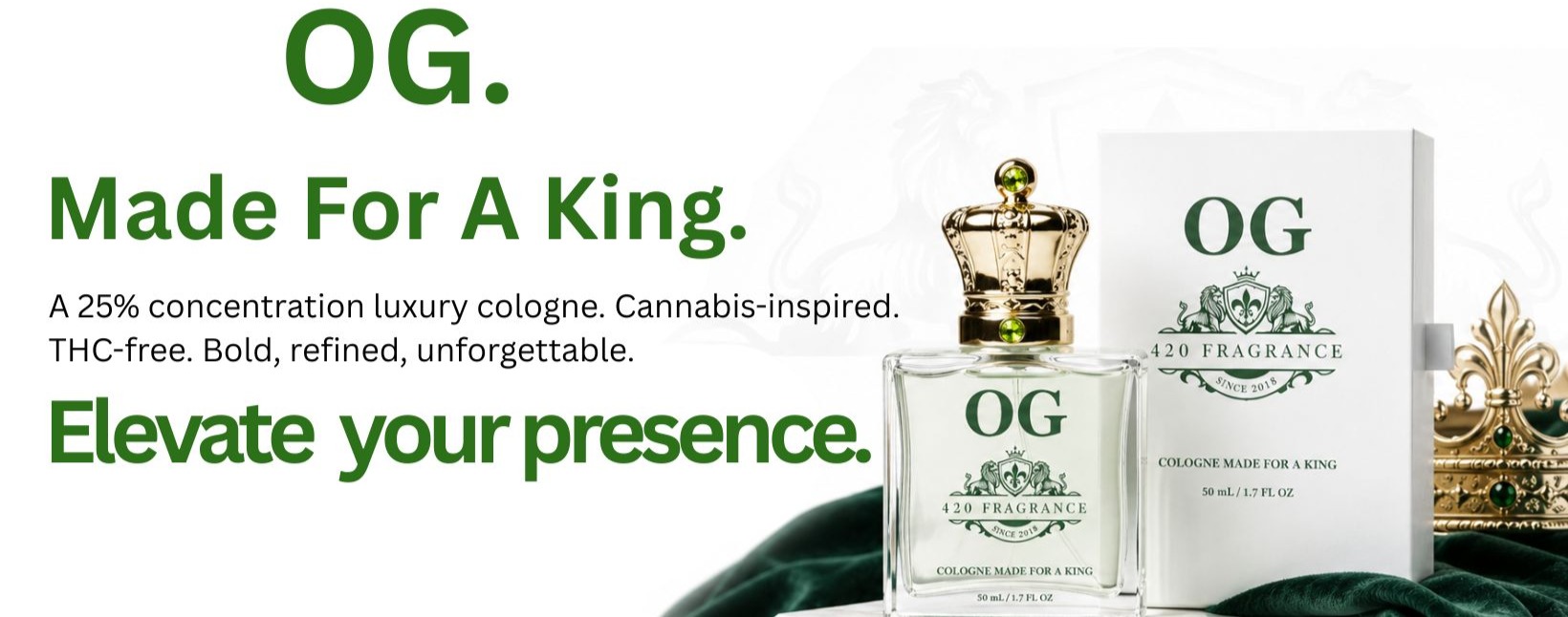 Luxury cologne OG, designed for men, featuring a crown-topped bottle and elegant packaging. Text highlights the scent's cannabis inspiration and 25% concentration.